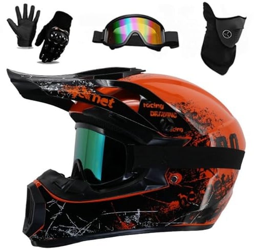 Motorradhelm für Kinder und Jugendliche, DOT-zertifizierter Integralhelm für Dirtbikes, inklusive Schutzbrille, Handschuhen und Maske für Offroad ATV Straßen BMX(Style B,L(57-58CM))