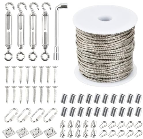 70 Pcs Kit Drahtseil, PVC Coated, 7x7, 30m Stahlseil 2mm mit ösen, 4 Karabinerhaken, 4 Seilspanngarnitur, 20 Crimpschlaufen, 10 Drahtseilklemme, 10 Kauschen, 4 Augenbolzen, Wäscheleine Spanndraht