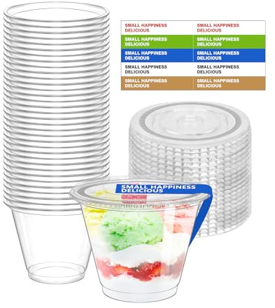 Soyoyora 35 Pack Plastic Dessert Cups with Flat Lids and Stickers 260ml/9oz Reusable Clear Serving Bowl No Hole Dessert Pots for Pudding Mousse Parfait Tiramisu Jelly Yogurt Fruit Party