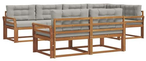 vidaXL Outdoor-Sofagarnitur mit Kissen 7 pcs Natürlich und Hellgrau, Sofa-Set aus Akazienholz, wetterfeste modulare Gartenmöbel, Outdoor Lounge, Flexibles Sectional-Sitzarrangement