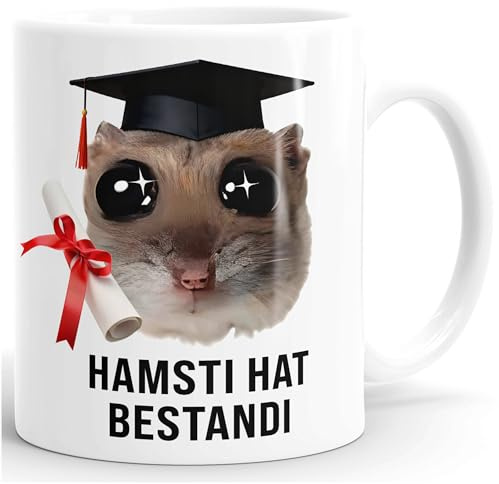MoonWorks® Kaffee-Tasse - Geschenk Abschluss Studium Bachelor - Sad Hamster - Spruch Hamsti hat bestandi Keramik Weiss standard