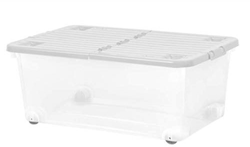 CLEAR STORAGE BOX 45L WITH WHEELS AND GREY FOLDING LID WHAM HEAVY DUTY BOX