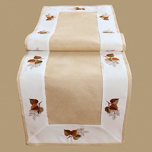 Tischläufer 40 x 140 cm Stickerei Blätter beige bunt Tischdecke Herbst Tischdeko Herbstdeko herbstlich
