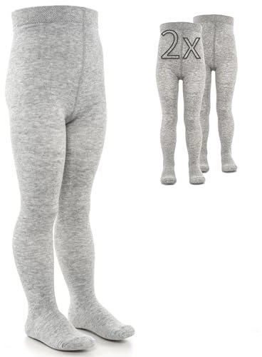LaLoona Lot de 2 Paires de Collant Bebe Fille et Garçon - Collants Extensibles avec Large Elastique Plat, Chaud, Haute Teneur en Coton, Lavable en Machine - Gris Clair