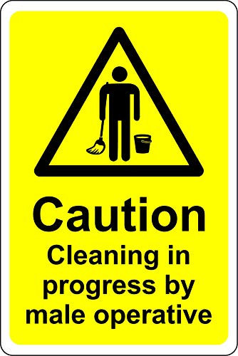 Caution cleaning in progress by male operatives toilet Safety sign - Self adhesive sticker 200mm x 150mm