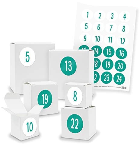 itenga Adventskalender Bastel-Set I 24 Geschenkboxen Würfel aus Karton I Weiß I schlichte Aufkleber mit den Zahlen 1 bis 24 in Türkis Weiß