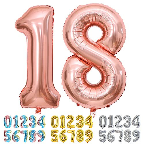 Ponmoo Foil Palloncini Numeri 18 81 Oro Rosa, Gigante Numero 0 1 2 3 4 5 6 7 8 9 10-19 20-29 30 40 50 60 70 80 90 100, Gonfiabili Pallone per Anniversario, Decorazione Feste di Compleanno Palloncino