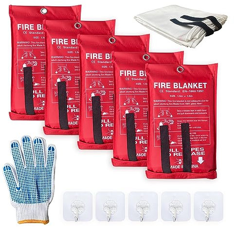 Manta ignífuga para supresión de incendios, manta de fibra de vidrio de emergencia para personas, ignífuga, supervivencia, seguridad, cocina, chimenea, coche, oficina, almacén, paquete de 5 (39.3 x