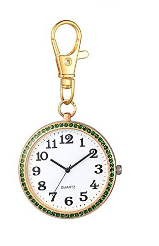 JewelryWe Karabineruhr Taschenuhr mit Karabiner: Elegant Grün Strass Karabiner Schlüsselanhänger Uhr Analog Quarzuhr für Ärzte Krankenschwestern Sanitäter Köche Gold Weiß
