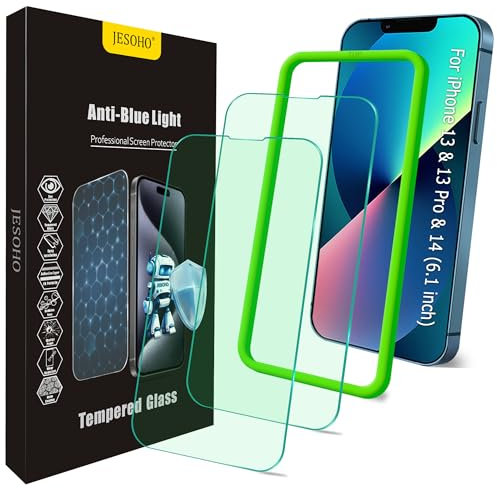 JESOHO Blue Light Screen Protector for iPhone 16e iPhone 13 iPhone 13 Pro & iPhone 14 (6.1inch), Eye Protection Tempered Glass Film, Scratch-Resistant, No Bubble with Easy Installation Kit, 2 Pack