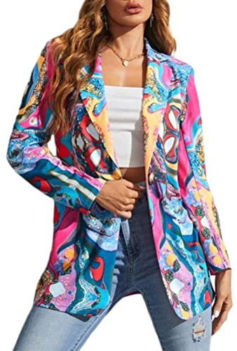 ORANDESIGNE Blazer Femme Imprimé Léopard Col à Revers Coupe Droite Oversize Tailleur Veste à Manches Longues Demi-Saison Y Rose L
