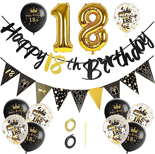 GoldRock Luftballons 18 Geburtstag Deko Set Schwarz Gold, Dekoration für Junge Mädchen mit Happy Birthday Girlande, Folienballon Zahl 18