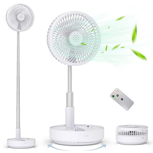Primevolve Ventilador de Pie Portátil Auto-rotación con Remoto, 8'' Plegable Suelo/Mesa Ajustable, 7200mAh USB C Ventilador para Viajes Camping,Silencioso para Dormitorio Oficina (Blanco)
