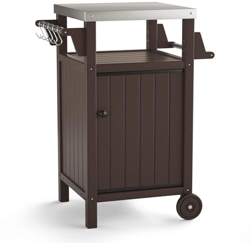 KORVOS Kitchen Portable Outdoor Grill Cart, Patio Movable Bar Cart with 304 Stainless Steel Top&HDPE Frame, BBQ Table for Indoor,Outdoor&All Weather Use, Brown