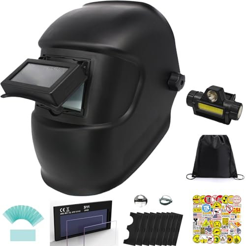 JHTii Flip-up Black Glass Welding Mask, Detachable Black Lens, with LED Light and 50 Waterproof Welding Helmets Decals