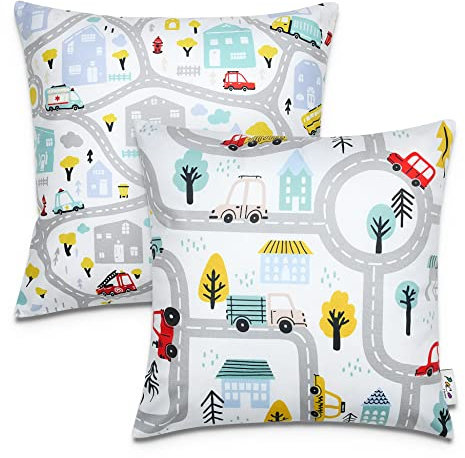 Paco Home 2er Set Kissenbezug 45x45 Kissen Kissenhülle Kopfkissenbezug Kinderzimmer Mädchen Jungen Kids Deko Straße Auto