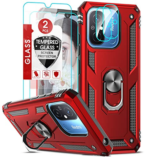 LeYi Hülle für Xiaomi Redmi 12C/Redmi 12 C/Redmi 11A Handyhalterung Rüstung Schutzhülle mit 2 Displayschutz 2 kameraschutz, 360 Grad Ringhalter Case Militärische Protective Handyhülle Handy Cover Rot