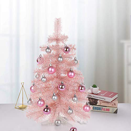 Piccolo Albero di Natale Rosa Piccolo, Albero di Natale da Tavolo con Palline, Piccolo Albero di Natale Rosa Piccolo Albero di Natale Rosa con Luci a LED e Supporto in Plastica, Albero di Natale(rosa)