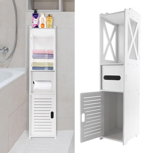 Mobiletto da Bagno, Mobiletto per WC, Portaoggetti per Bagno, Supporto per carta igienica, porta scopino WC, Armadietto da bagno con ante, Armadietto Salvaspazio, Armadietto da Terra in Legno