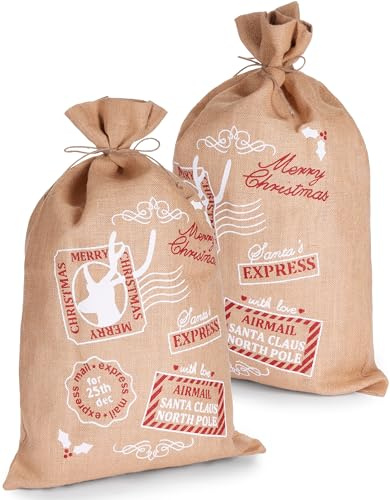 BRUBAKER Großer Weihnachtssack Santa Express Briefmarken - 80 cm Geschenksack Weihnachten - Nikolaussack Jutebeutel Sack mit Kordel zum Verpacken von Geschenken - Merry Christmas - 2 Stück