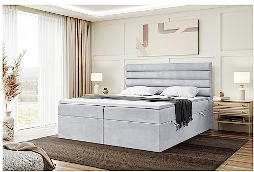 MEBLINI Boxspringbett mit Bettkasten - Gepolstert Doppelbett mit Matratze und Topper - Polsterbett mit Stauraum - Bett mit Kopfteil - Stauraumbett - Karim - 180x220 - H3/Hellgrau Samt
