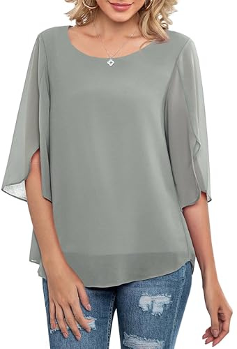 Neineiwu Women's Chiffon Blouse Tops Elegant Casual Loose 3/4 Split Sleeve Crew Neck Blouse Shirts,Grey,M