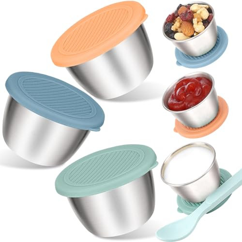 Livdouyu 6 Stück Salatdressing Behälter, 50ml Lebensmittel behälter Set Kleine Edelstahl Dressing Behälter mit Silikon Deckel Wiederverwendbare Auslaufsichere Frischhaltedosen Dip Behälter