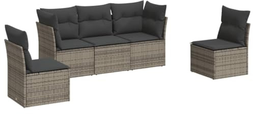 vidaXL 5-TLG. Garten-Sofagarnitur mit Kissen Grau Poly Rattan