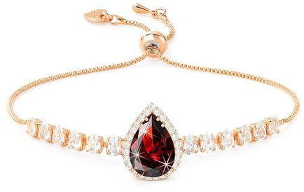 Linawe Red Garnet Crystal Imitation Diamond Charm Bracelets for Women, Rose Gold Chain Bracelet Set, Rhinestone Birthstone Moissanite Cubic Zirconia Bracelet, Prom Wedding Jewellery