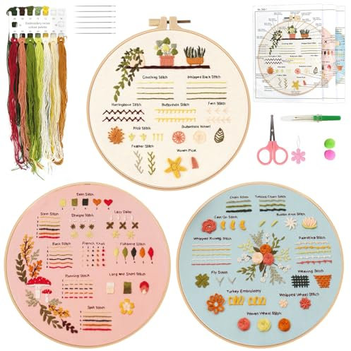 SwirlColor Sticken Set Erwachsene: 3 Sets, Brillante Stickerei Starter Kit mit Stickerei Faden und Hoop - Anfängerfreundlich