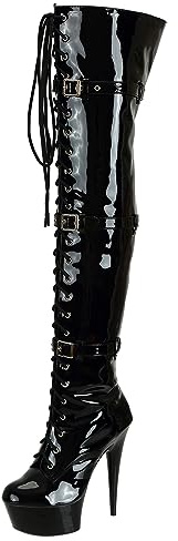 SheSole Women's Patent Leather Lace Up Platform Over The Knee Thigh High Heel Boots Nightclub Pole Dancing Shoes Black UK Size 10