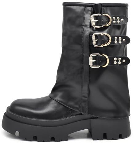 IF Stivali Stivaletti Da Donna Con Risvolto Fibbie Multiple Suola Carrarmato Platform Plateau K-08 Nero N.36