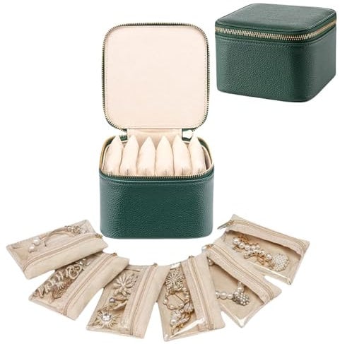 Aucuu Organizador de Joyas Pequeña, Almacenamiento de Joyas de Viaje, Jewelry Organizer para Mujer con 6 Bolsa de Joyería de Viaje para Joyero para Anillos, Tachuelas, Collares, Verde