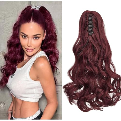 Cybelleza Coleta Postiza con Pinza 45cm Extensiones de Clip de Pelo Natural Cola de Caballo Extensiones de Cabello Rizadas Sintético Ondulado Claw Ponytail Largo, Vino tinto