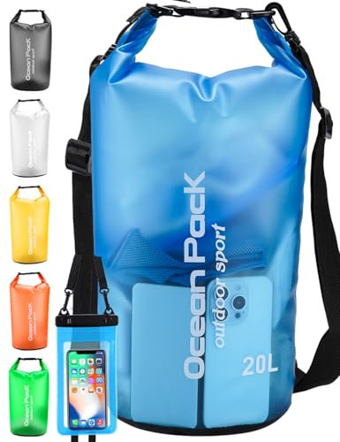 Henrycares Dry Bag wasserdichte Tasche, 20L 10L 5L 2L Wasserdichter Packsack mit 2 Schultergurt und 1 Wasserfester Handyhülle, Schwimmen, Baden, Strand, Kanu, Stand Up Paddling, Tauchen