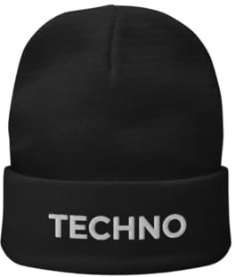 Techno Rave Beanie Mütze Unisex – Schwarze Wintermütze mit gesticktem Schriftzug Techno – Streetwear- Festival- Accessoire für Damen und Herren