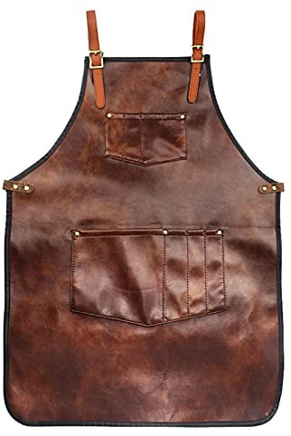 Wakects Friseurschürze, PU Leder Friseur Schürze BBQ Kochschürze Cross -Rückengurte mit Taschen für Handwerkgrilling -Schmiedensschweißen
