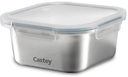 Castey - Envase Cuadrado de Acero Inoxidable, 600 ml, Cierre Hermético con Tapa, para Conservación de Alimentos, Tapa Libre de BPA, Diseño Antiderrames, Apto para el Lavavajillas