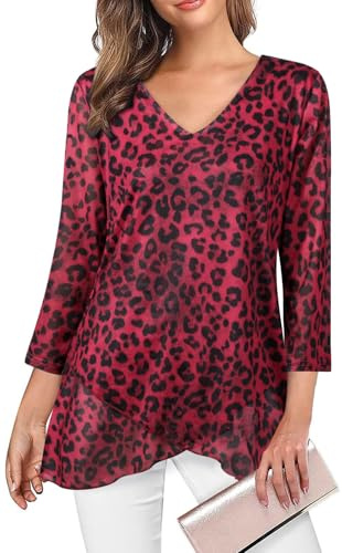 Adigaber Femme Blouse à Manches Trois-Quarts à col en V pour Top | Coupe ample，Ourlet asymétrique，Double couche，Mousseline，Fluide，Couleur unie，Décontracté，Blouse de bureau，Imprimé
