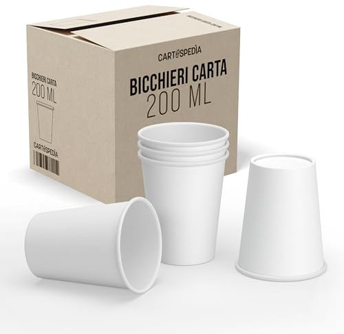 CARTOSPEDÌA - 200 Bicchieri Carta Da 200 ml, Biodegradabili e Compostabili, Usa e Getta, Monouso, Ecologici per Acqua, IDEALI PER Bevande Calde/Fredde, Feste e Asporto