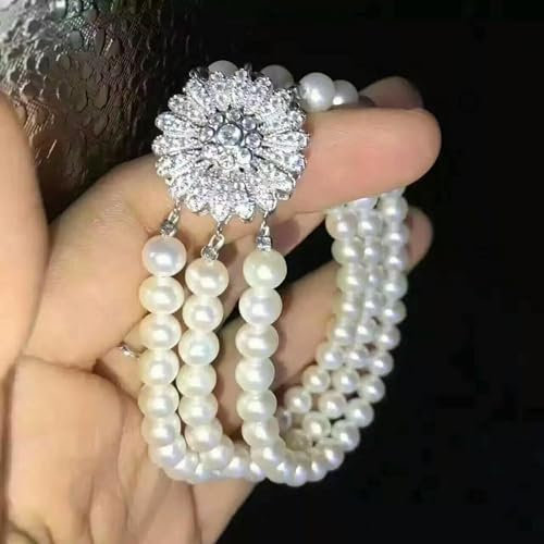 Bracciale a 3 File di bellissime Perle Bianche Akoya AAA+ da 7-8 mm, 7,5-8 Pollici, in Argento 925