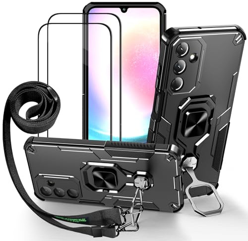 Lonjanfon Outdoor Coque avec Cordon pour Samsung Galaxy A25, Support 360°Rotatif, 2 HD Verre Trempé, Militaire Antichoc Housse Etui pour Samsung A25 5G/4G - Noir