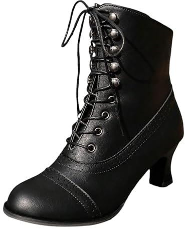 Stivaletti Tacco Basso Donna Stivali Vittoriani Vintage Stivali Punk Gotici con Gambo Corto Stivali in Pelle a Punta PU Ankle Boots con Zip con Lacci Stivali per Costumi da Festa