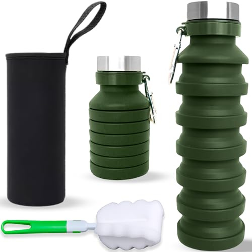 DARZWAY Bouteille d'eau pliable en silicone 300-550 ml - Sac isotherme en néoprène et brosse - Gourde compacte et réutilisable - Pour randonnée, voyage et sport de plein air - Sans BPA (vert)