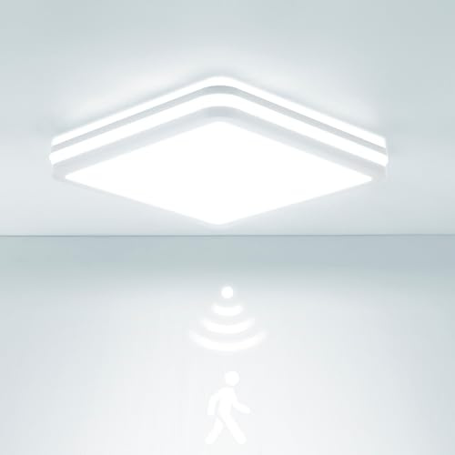 LEZOE LED Deckenleuchte mit Bewegungsmelder IP65 Wasserdicht, 12W/18W 2700lm 150(Lm/W) Sensor Deckenlampe 3000K/4000K/6500K Feuchtraumleuchte Ideal für Bad, Garage, Keller, Flur, Balkon, Diele 22x22cm