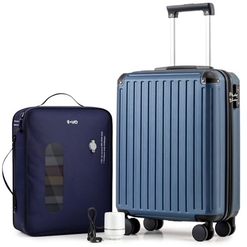 COOLIFE Easyjet Vakuum Handgepäck Koffer 55X40X20cm + Vakuumbeutel für Kleidung +60% mit Pumpe | ABS+PC Hartschalenkoffer mit TSA-Schloss und 4 Zwillingsrollen Für Ryanair, Grenzüberschreitende Reise