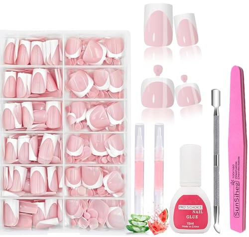 312 Pcs Pink French Tip Press on Nails Set | Short Square Fake Nails & Toe Nails Kit | Long Lasting Press-on-Nails, Home Manicure & Pedicure Full Set with Nail Glue, File, Cuticle Pusher, 2 Serums