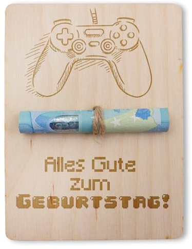 VmG-Store Verpackung für Geldgeschenke Holzplatte 12x9cm mit Schnur Geschenkgutschein aus Holz kreative Geschenkverpackung für Gutschein Geschenk Männer Frauen Kinder (07 Gamer Geburtstag)