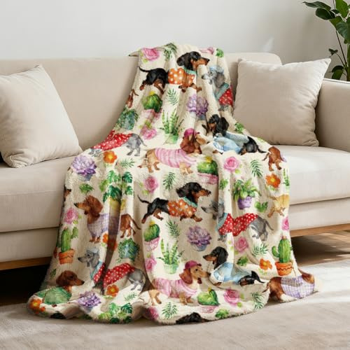GLOBLELAND Bunt Dachshund Decke, Flanell, Grün mit Pflanzen und Sukkulenten Muster, 150x130 cm, Weiche Kuscheldecke für Sofa, Bett und Wohnzimmer