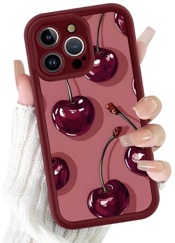 Kivlclri Cover per iPhone 14 Pro 6,1, Cellulare Rosso Silicone Morbido Custodia per telefono Aesthetic Rosso Ciliegia Motivo Disegno Protezione Fotocamera Antiurto Case per Ragazze Donne